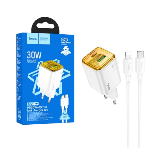 Hoco Charger N53 Monsoon 2 Ports USB+Type-C 30W with Type-C to Lightning 1M White Hoco Charger N53 Monsoon 2 Ports USB+Type-C 30W with Type-C to Lightning 1M White